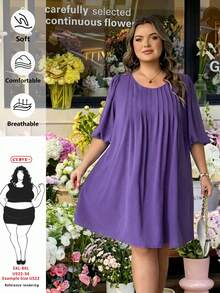 SHEIN CURVE+ 大码女式宽松纯色连衣裙，2026春夏紫色流行色连衣裙 - 紫色 - 查看 1