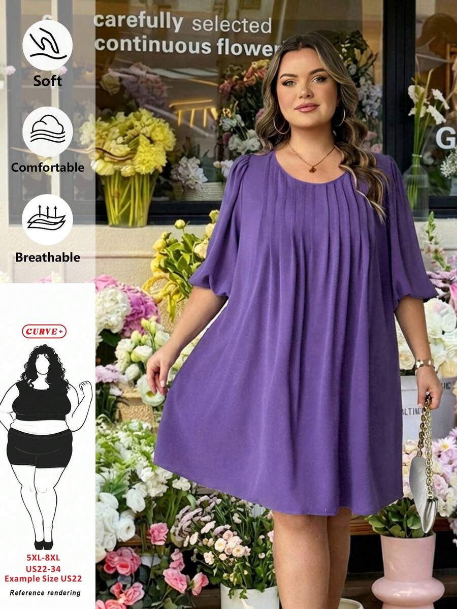 SHEIN CURVE+ 大码女式宽松纯色连衣裙，2026春夏紫色流行色连衣裙 - 紫色 - 查看 1