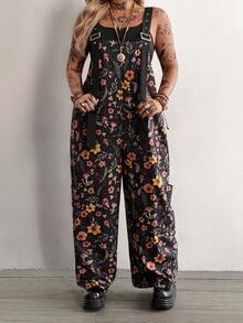 SHEIN Tall CURVE Grunge 复古撞色口袋个性化街头度假学院印花高个加大码女式连体裤 - 彩色 - 查看 5