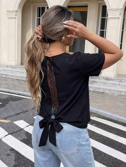 GlowEve CURVE 大码纯色蕾丝镂空系带休闲短袖女式衬衫