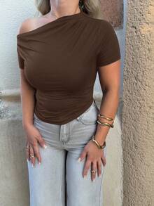 Jeta Ari Women's Solid Color Ruched Slim Fit Asymmetric-Shoulder Short Sleeve T-Shirt - Brown - View 3