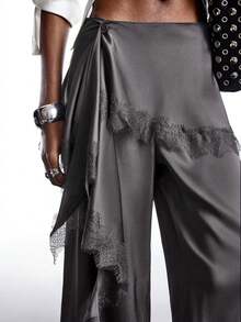LYSMO 2026新款极简春夏女式灰色蕾丝拼接荷叶边休闲百搭通勤阔腿裤，饰有蕾丝花边 - 深灰色 - 查看 8