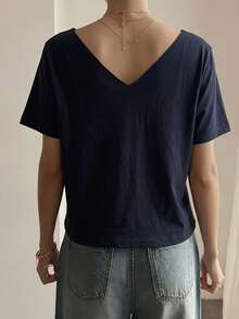 Loose Casual Leopard Print T-Shirt, Suitable For Spring, Summer, Valentine's Day, Beach, Resort Wear Graphic Tees Women - Navy Blue - View 4