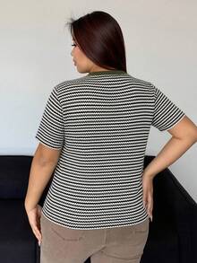 Dazy Petite Plus Áo thun ngắn tay kẻ sọc phối màu tương phản, màu nâu, thích hợp cho mùa xuân/hè. - xanh quân đội - Xem 2