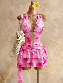 Mistrie 女士印花深V领荷叶边下摆度假迷你连衣裙 - 粉色 - 查看 1