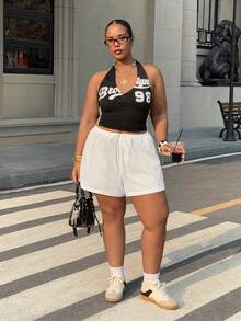 SHEIN EZwear 2Pack Women's Plus Size Solid Minimalist Cotton Shorts,Black And White Summer Smart Casual Everyday Elastic Waist Lounge Shorts Beach Vacation - Black and White - View 6