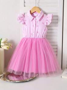 1pc Girls Sweet School Style Pink & White Striped Textured Collar Flare Sleeve Bow Print Mesh Dress, Cute Princess Style For Daily Wear, Birthday Party, Spring/Summer - Pink - View 1