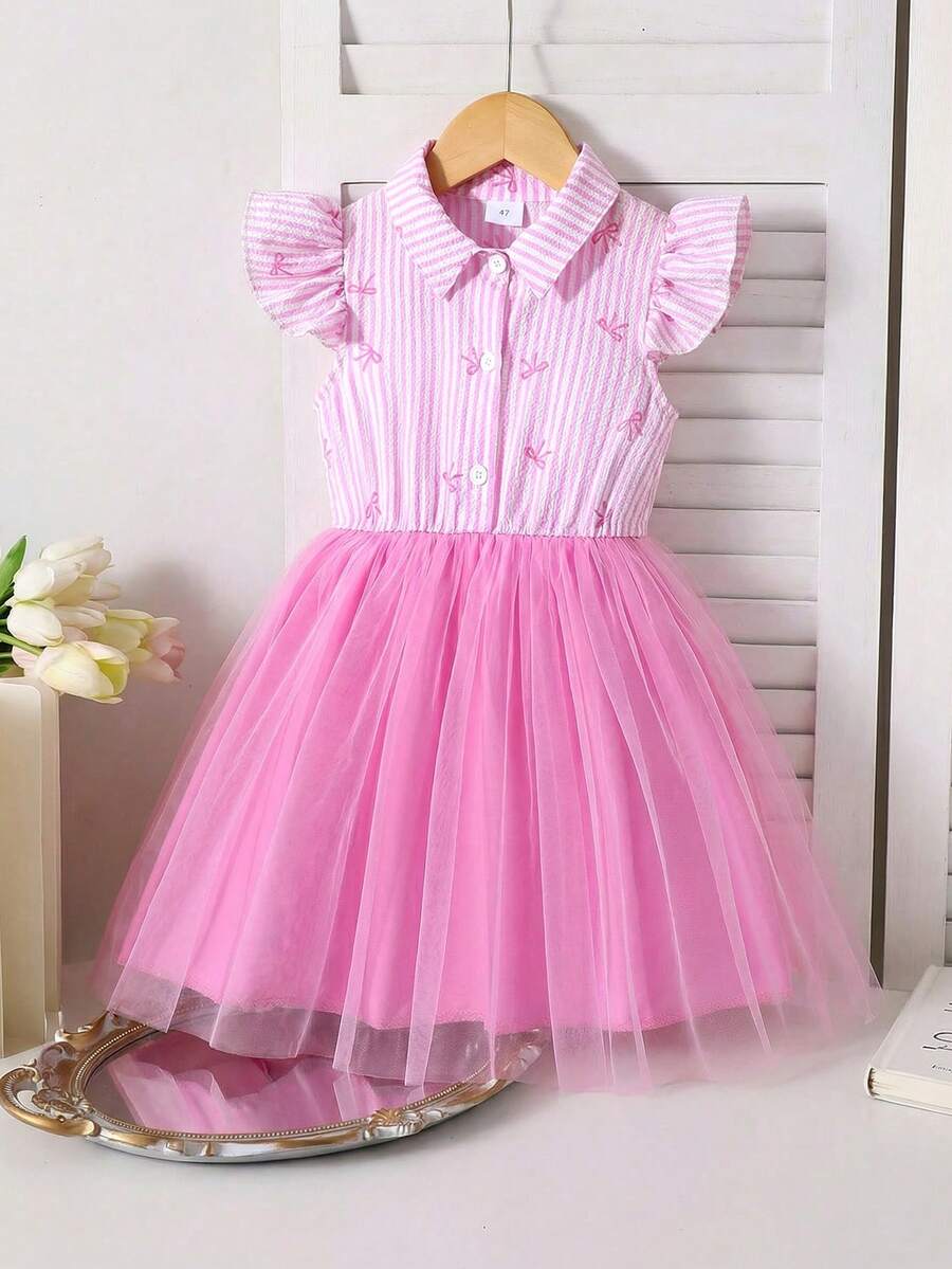 1pc Girls Sweet School Style Pink & White Striped Textured Collar Flare Sleeve Bow Print Mesh Dress, Cute Princess Style For Daily Wear, Birthday Party, Spring/Summer - Pink - View 1
