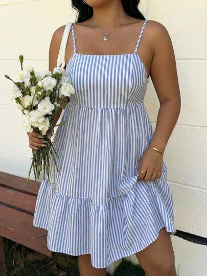 GalTyme Vestido casual de tirantes con volantes y rayas para mujer de talla grande