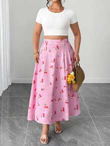 Elenzga Plus Size Women Cute Cherry Print Versatile A-Line Skirt - Multicolor - View 7