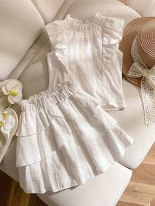 SHEIN Tween Girls 2pcs/Set :White Textured Cutout Floral Blouse&Layered Ruffle Hem Mini Skirt,Cute Summer Vacation Holiday Outfit For Daily Wear,Parties - White - View 4