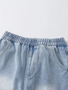 SHEIN Tween Girl Blue And White Striped Summer Streetwear School Back-To-School Soft Washed Versatile Loose Elastic Waist Floral Lace Patchwork Denim Jeans - Medium Wash - View 6