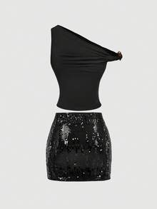 SHEIN MOD Bộ đồ 2 món thời trang hè dành cho nữ: Áo ôm sát cổ bất đối xứng đính kim loại và chân váy ngắn đính sequin. - màu đen - Xem 5