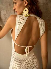 MOTF PREMIUM Đầm ngắn hở lưng, buộc dây, khoét sâu, thanh lịch, chất liệu có họa tiết, thích hợp cho kỳ nghỉ. - Màu be - Xem 3