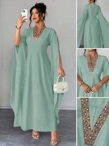 Elenzga Plus Size Women's New Elegant Solid Color Luxury V-Neck Embroidered Slit Long Sleeve Maxi Dress - Green - View 1