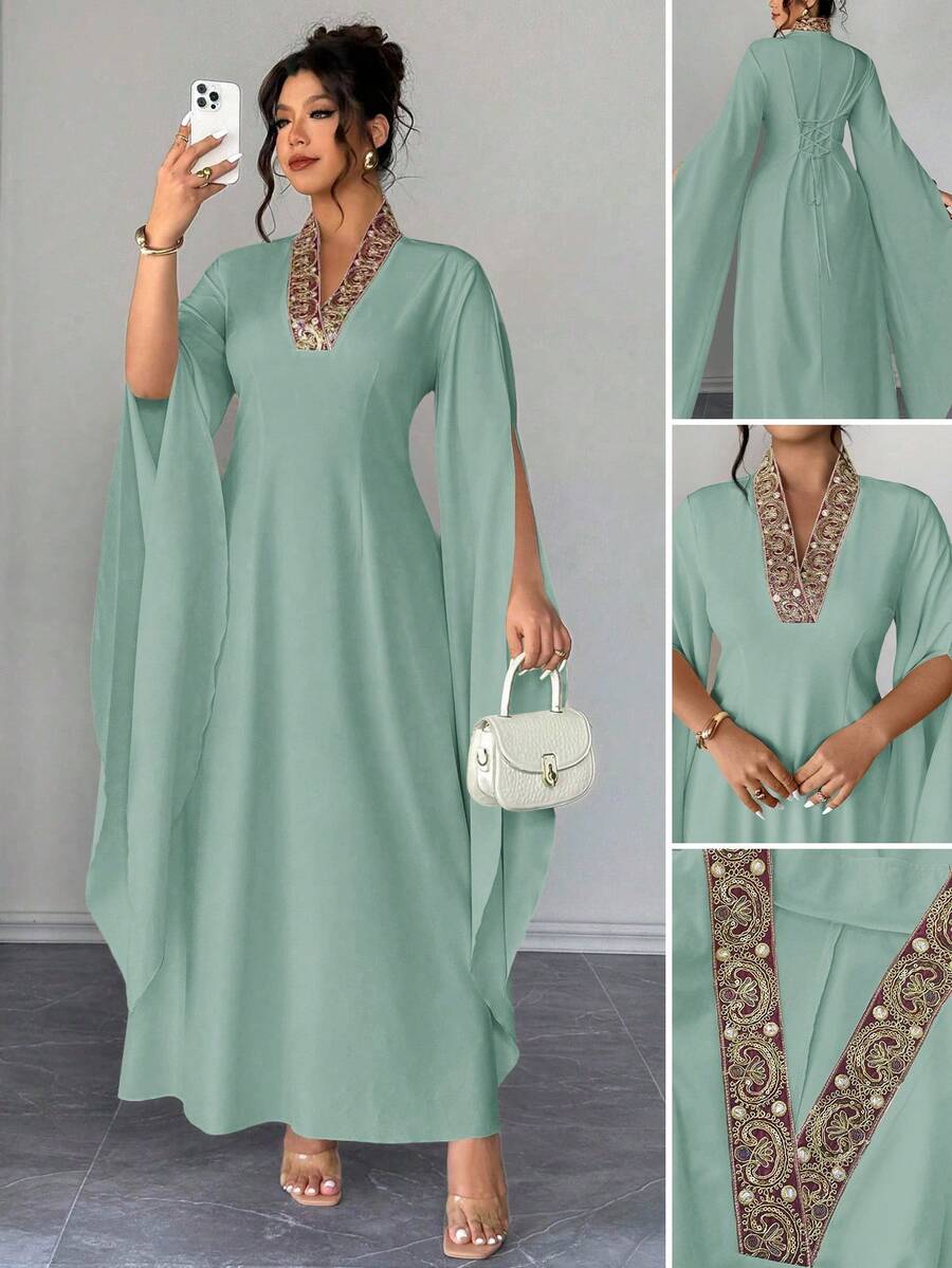 Elenzga Plus Size Women's New Elegant Solid Color Luxury V-Neck Embroidered Slit Long Sleeve Maxi Dress - Green - View 1