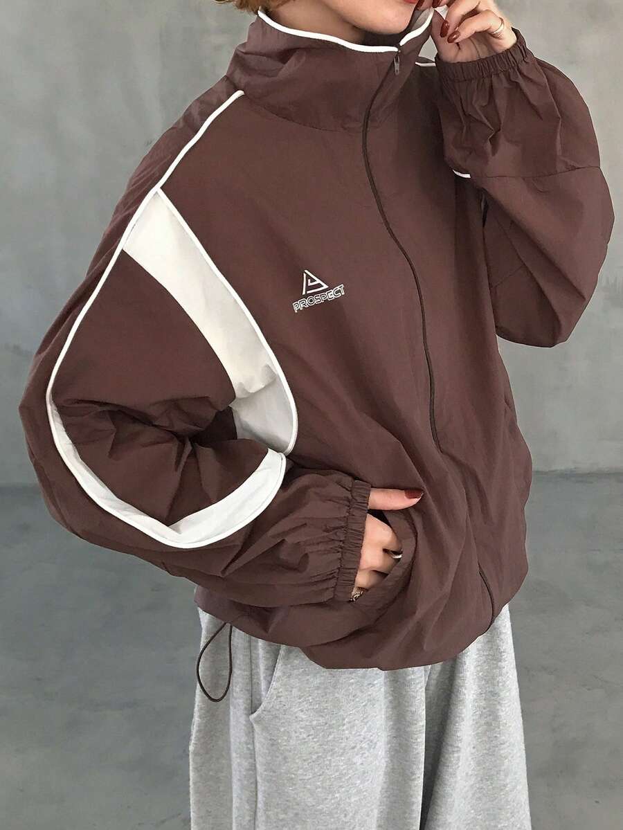 FRIFUL Women's Casual Fashion Street Sporty Contrast Piping Zip-Up Jacket, Suitable For Spring And Autumn - Brown - View 1