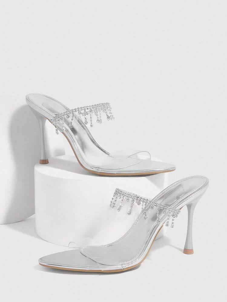 CUCCOO SZL Women Shoes Summer Pointed Slender Heel Silver Transparent Film Rhinestone Chain Open Toe Women's Sandals Sexy Fashion Gorgeous With Skirts Banquet Party Night Club Women's High Heel Sandals Slippers