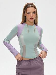 SHEIN Unity T-shirt ajusté à manches longues avec maille contrastée - Multicolore - Voir 7