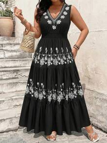Breezaya Vestido con estampado floral para mujer de talla grande, romántico y de moda, versátil para citas, ir al trabajo y uso diario, adecuado para primavera/verano - Negro - Ver 4