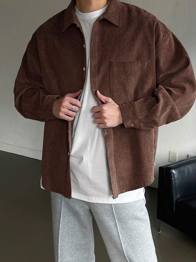 Men's Solid Color Long Sleeve Casual Shirt With Drop Shoulder,Fall Clothes