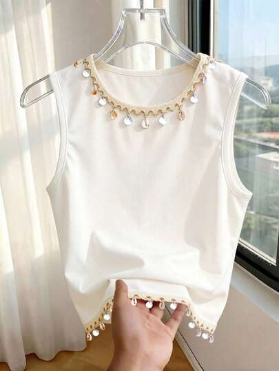 GlowEve Camiseta de punto casual de mujer con lentejuelas y colgante de concha de unicolor