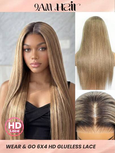 Human Wig Pre-Everything Wear Go Upgraded Straight Ombre Ash Blonde Hair With Brown Root Color Unprocessed Human Hair Natural Hairline Glueless 6*4 Transparent Lace Wig Pre-Plucked & Pre-Cut 22-28 Inch 180% Density Silky Natural Hairline Daily Use Valentine's Day Human Hair Lace Wig Natural Glueless Wig For Romantic Date For Women