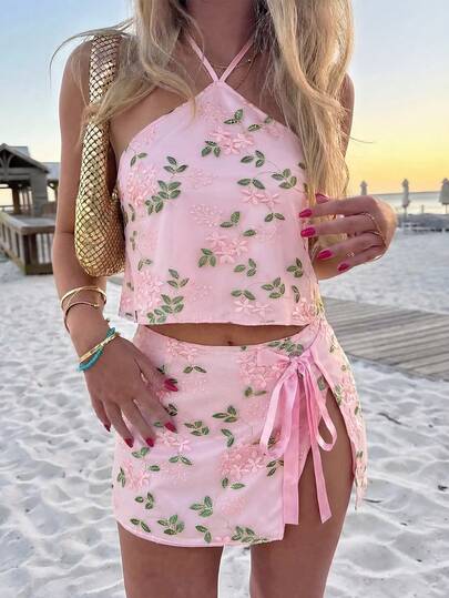 SHEIN Glamour New Chinese Style Sweet & Gentle Girly Pink Woven Non-Stretch Halter Backless Design With Bow Tie Adjustable Waist, Asymmetric Hem With Bow Tie Adjustable Skirt, Suitable For Different Hip Sizes, Women 2-Piece Set Floral Two Piece Set Spring Two Piece Set Pink Two Piece Pink Set Two Piece