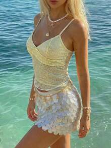 Women's Summer Beach Vacation Sequin Fitted Camisole - Apricot - View 5