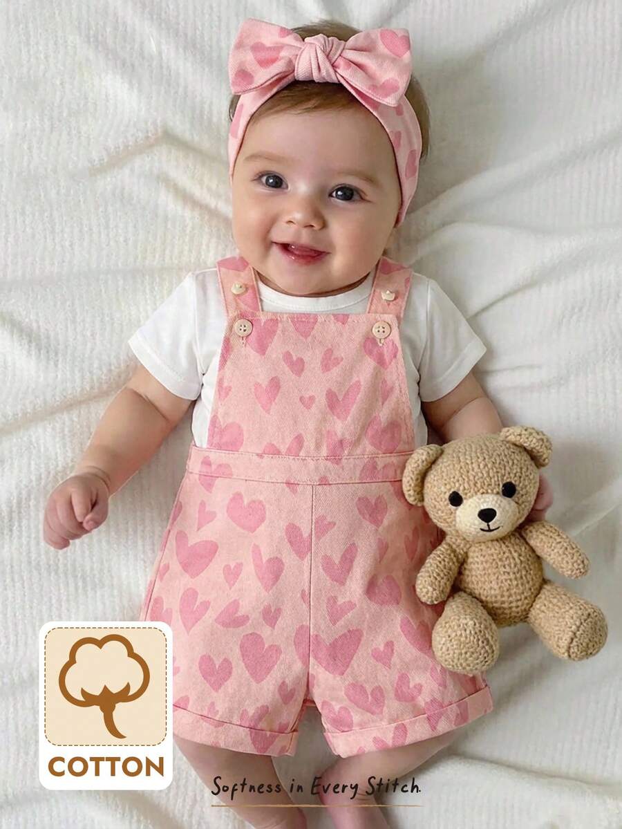 Cozy Pixies 女婴爱心图案背带连体衣，百搭舒适 - 粉色 - 查看 1