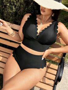 Swim Lushoire Top de bikini de talla grande con adorno de concha para playa de verano - Negro - Ver 5