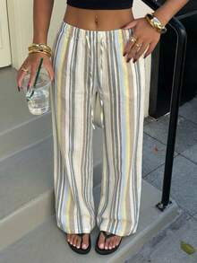 Muchica Striped Print Drawstring Waist Casual Wide Leg Woven Women Pants,Summer Outfits For Women,Beach Outfits - Multicolor - View 5