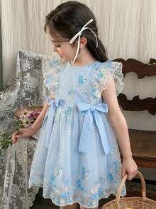 LMoss Kids Đầm voan hoa xếp tầng cho bé gái - Màu xanh nhạt - Xem 6