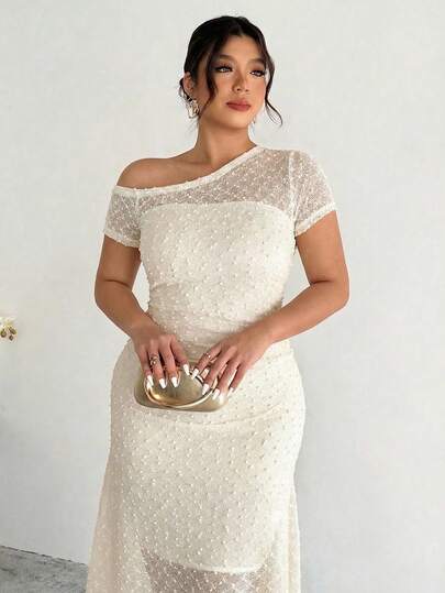 Firerie Plus Size Elegant Textured Asymmetric Neck Short Sleeve Dress, Summer