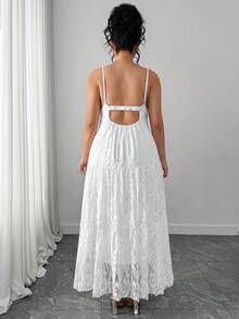Elenzga Plus Size V-Neck Ruffle Trim Elegant Dress - White - View 2