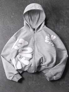 PAVTROS Plus Size Men's Letter Print Zip-Up Hoodie - Grey - View 4