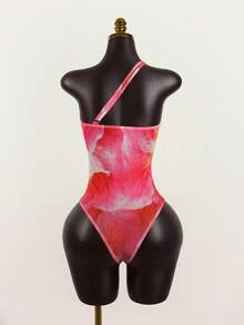 Celisse Women's Fashion Elegant Casual Vacation Style Lily Flower Print Mesh Pleated Draped Neck Sleeveless Adjustable Strap Bodysuit - Red - View 2