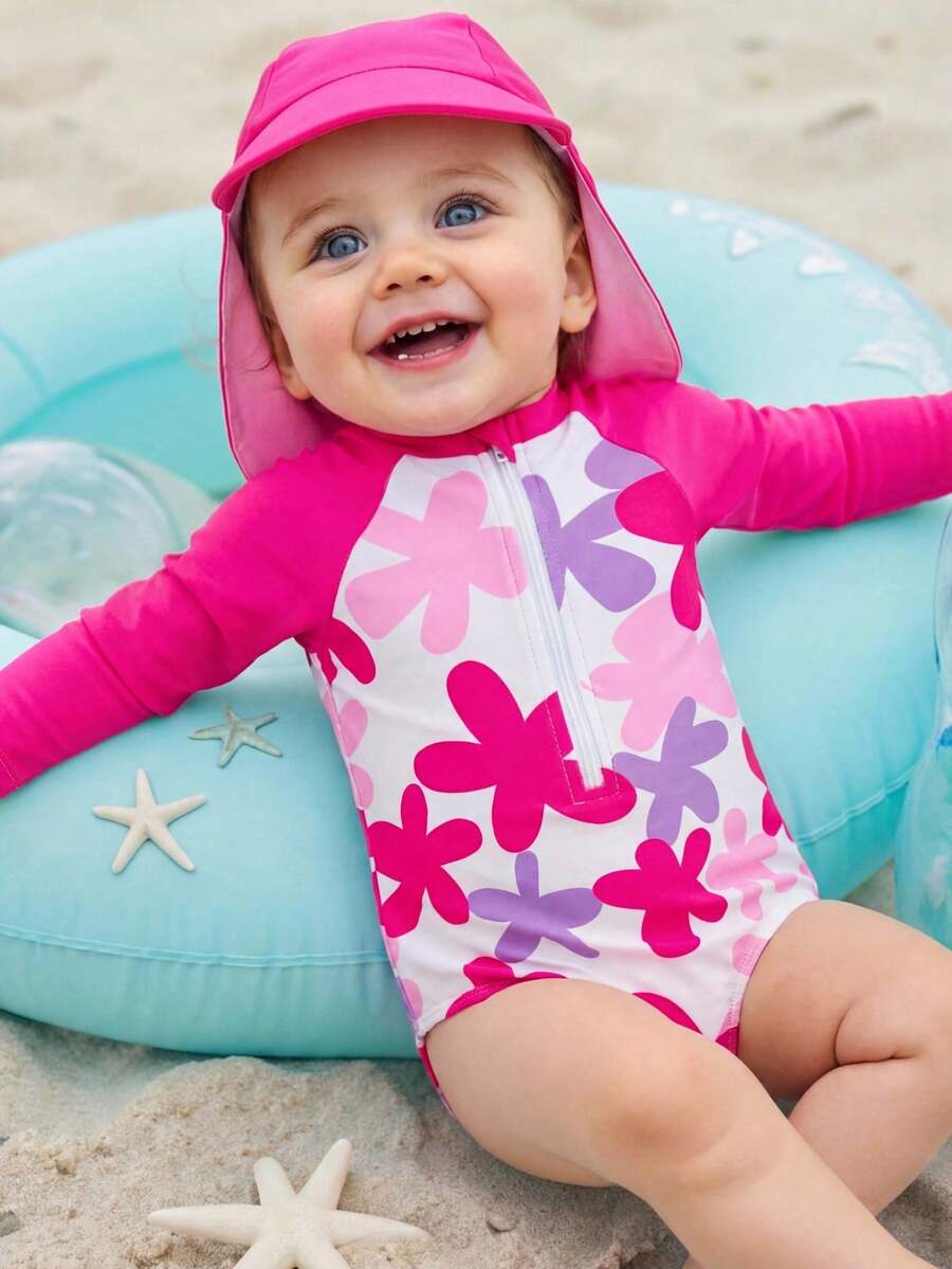 SHEIN Bộ 2 món đồ bơi dài tay chống nắng phối màu họa tiết hoa cho bé gái, kèm mũ. - Màu Hồng Tươi - Xem 1