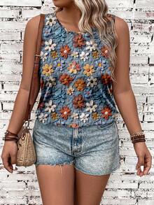 EMERY ROSE Plus Size Floral Print Casual Vacation Tank Top - Multicolor - View 6