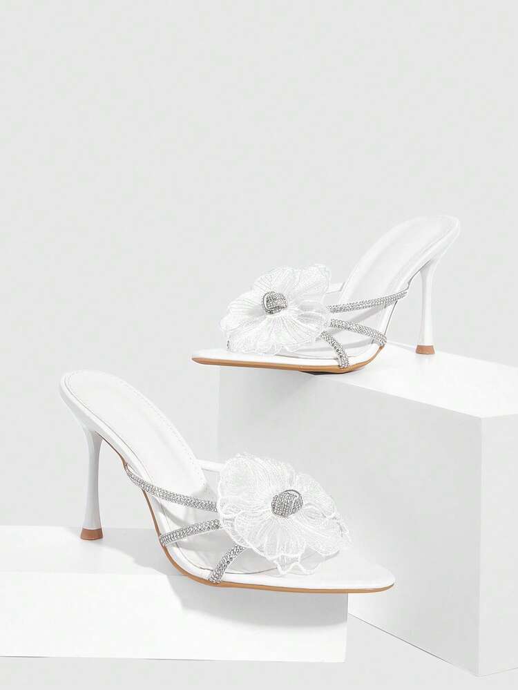 CUCCOO SZL Women Shoes Pointed Stiletto White Rhinestone Strips Three-Dimensional Flowers Open-Toed Sexy Fashion Gorgeous With Skirts Banquet Party Nightclub Ladies High Heel Sandals Slippers
