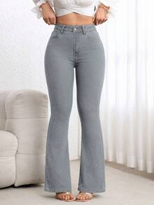 SHEIN PETITE Women's Solid Color Minimalist Everyday Jeans - Grey - View 7