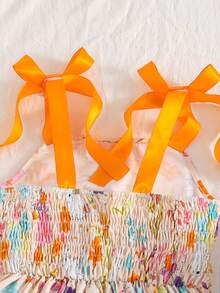 Young Girls Elegant Orange Floral Dress,Summer Boho Vacation Holiday Little Rabbit Print,Thin Shoulder Strap A-Line Ruffle Trim Bow Spring Sun Dress - Orange - View 3