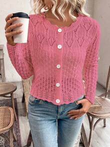 EMERY ROSE Women's Round Neck Hollow Front Button Cardigan, Autumn/Winter Knitted Sweater Jacket - Pink - View 5