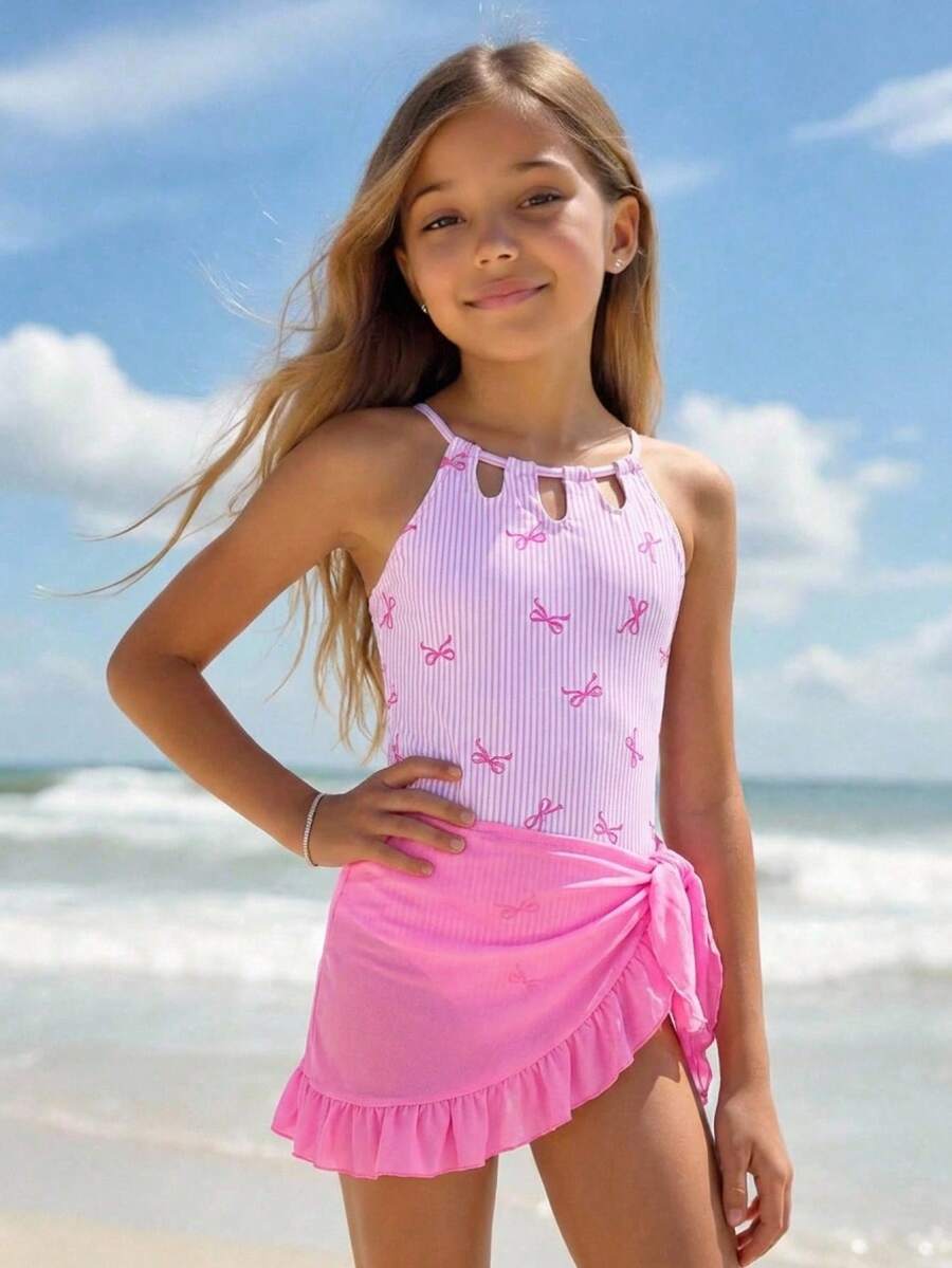 Tween Girls One-Piece Swimsuit With Cute Bow Print, Shoulder Strap, Ruffle Trim & Skirt, Suitable For Swimming, Vacation, Beach In Summer, Tween Girl Bathing Suit Sets Summer Holiday - Baby Pink - View 1