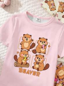 4 pièces/2 sets Pyjamas confortables et doux à manches courtes avec imprimé mignon de castor pour jeune fille. Style doux et ajusté, idéal pour le printemps/été - Rose bonbon - Voir 4
