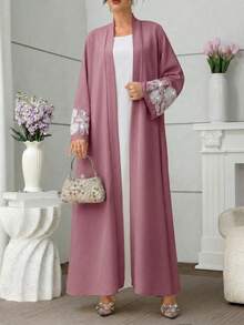 Al Najma Embroidered Beaded Long Sleeve Abaya For Women - Dusty Pink - View 4