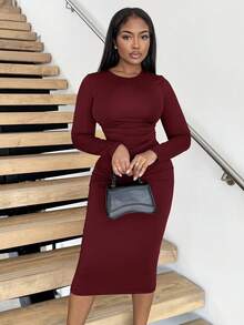 Alexandranx Robe longue à manches longues noire avec taille plissée, pour soirée - Rouge foncé - Voir 6