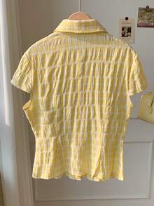 Comfortcana 女士格子短袖单排扣休闲衬衫 - 黃色 - 查看 2