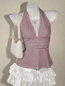 SHEIN ICON Halter Deep V-Neck Cinched Waist A-Line Backless Camisole - Multicolor - View 1