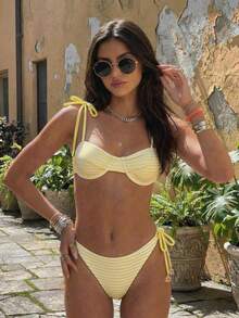 Swim Mod Bộ bikini hai mảnh kẻ sọc kiểu Âu và Mỹ mới về mùa hè, dây mảnh, cúp ngực có đệm mút, kiểu quần lọt khe ba điểm gợi cảm, cạp cao, đồ bơi dễ thương cho kỳ nghỉ biển của các cô gái - Màu vàng ngỗng - Xem 7